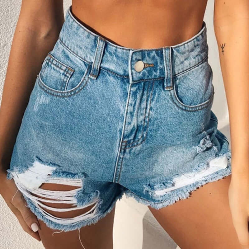 Europe and the United States cross-border summer new high waist fashion full spray process ripped jeans shorts hot pants