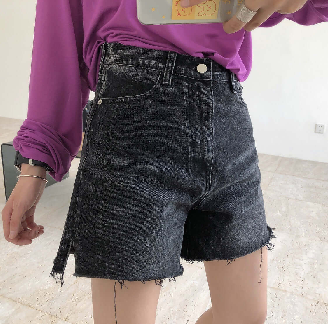 Summer new trendy retro street high waist denim shorts A word loose wide-legged thin fashion wool hot pants women