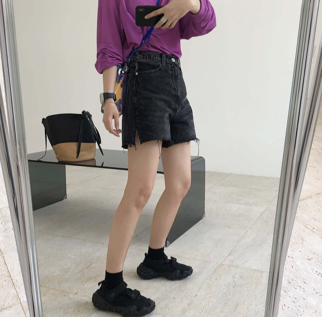 Summer new trendy retro street high waist denim shorts A word loose wide-legged thin fashion wool hot pants women