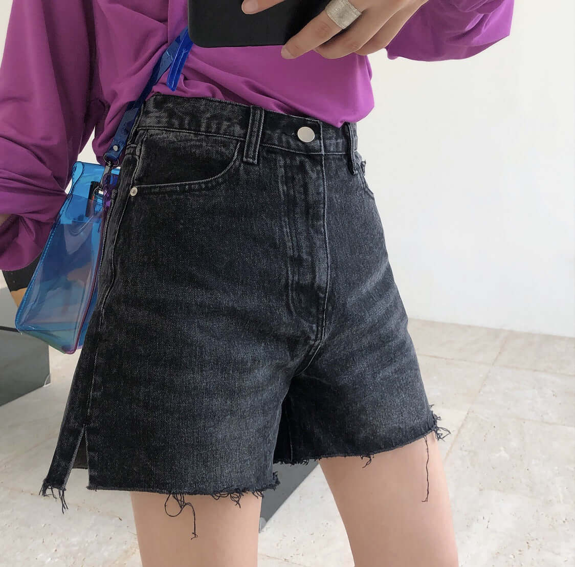 Summer new trendy retro street high waist denim shorts A word loose wide-legged thin fashion wool hot pants women