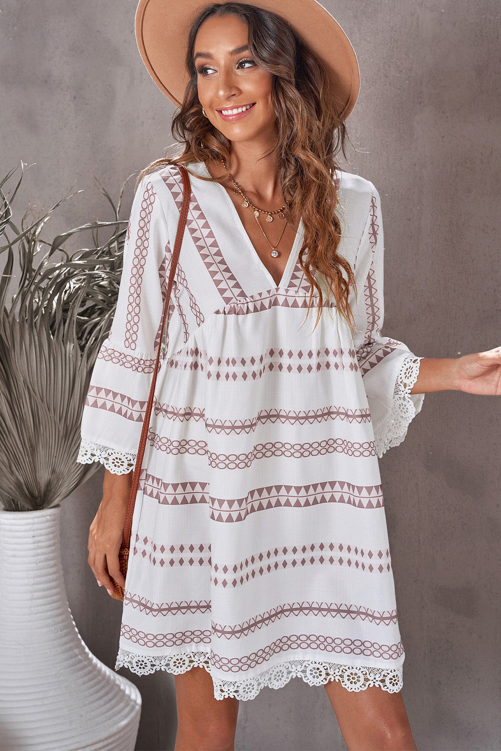 Geometric Print Lace Trim Three-Quarter Sleeve Dress