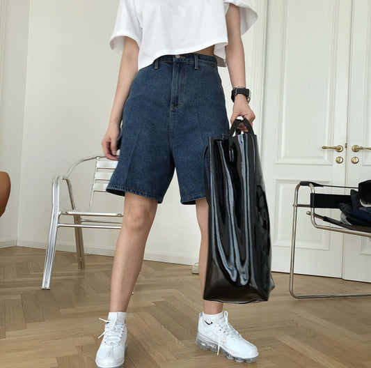 Summer new Europe and America street hipster high waist cowboy pants pocket straight loose fashion five pants shorts women