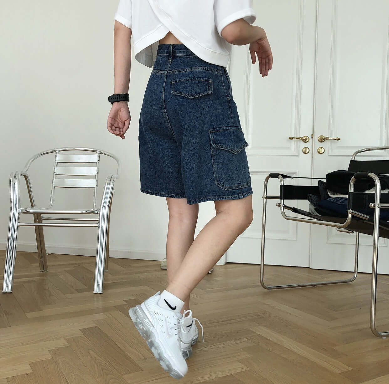 Summer new Europe and America street hipster high waist cowboy pants pocket straight loose fashion five pants shorts women