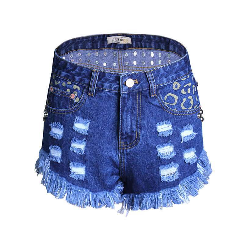 hot sale ripped loose high waist rivet denim shorts printed pants supply