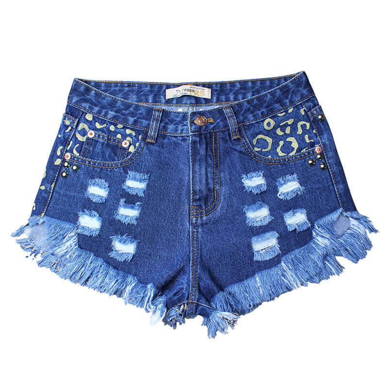 hot sale ripped loose high waist rivet denim shorts printed pants supply