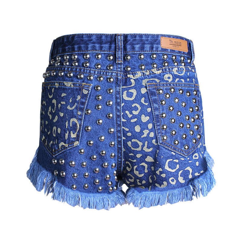 hot sale ripped loose high waist rivet denim shorts printed pants supply