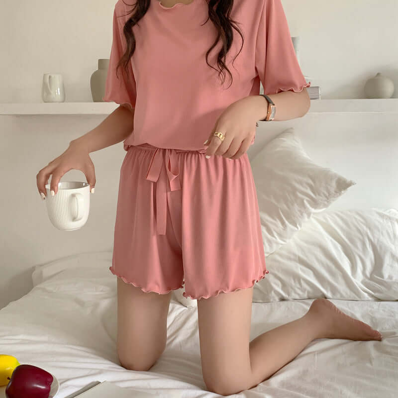 Cool suit wood-ear round neck short-sleeved shorts two-piece thread female pajamas casual home service suit