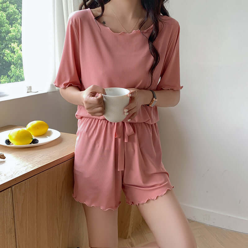 Cool suit wood-ear round neck short-sleeved shorts two-piece thread female pajamas casual home service suit