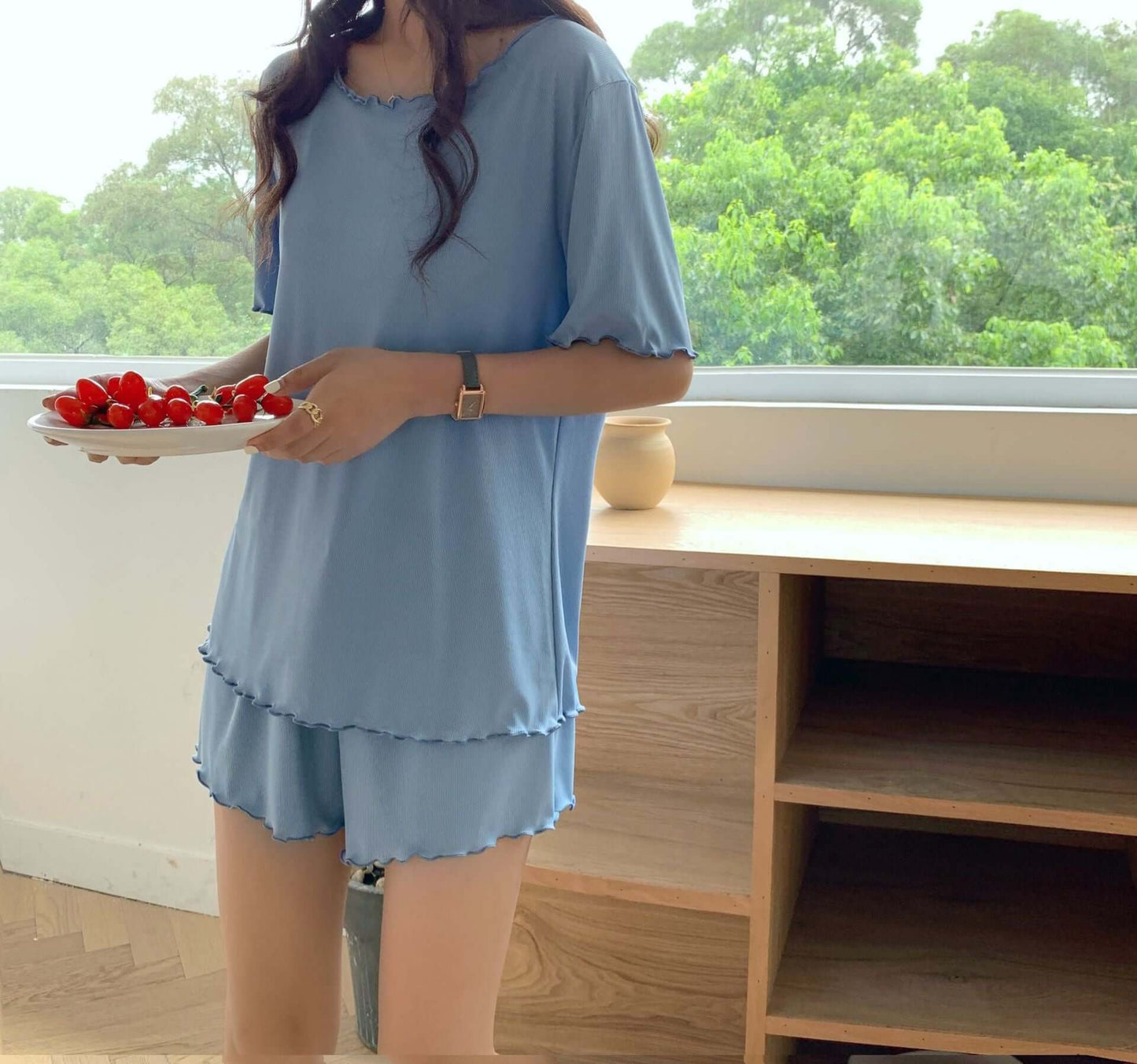 Cool suit wood-ear round neck short-sleeved shorts two-piece thread female pajamas casual home service suit