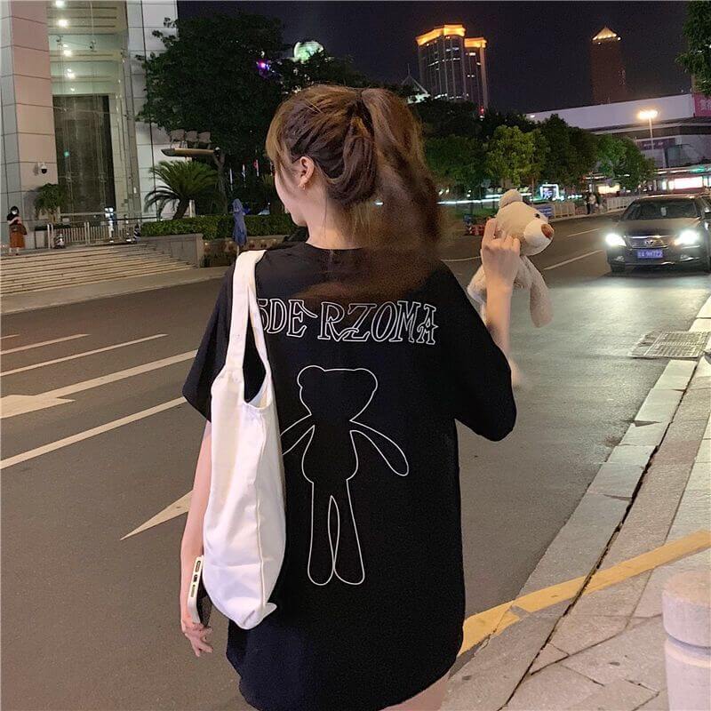 Bear T-shirt girlfriends outfit summer loose short-sleeved bf wind couple outfit mid-length half-sleeved top women's and men's trendy ins