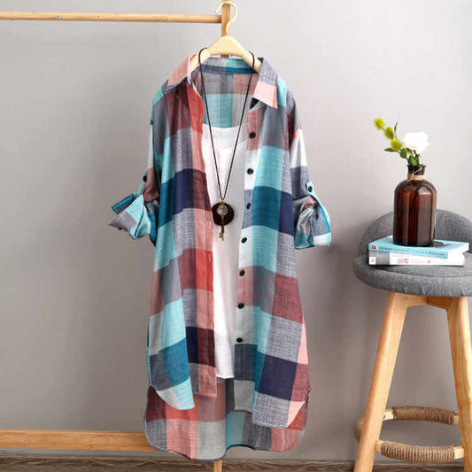 Shirt women's mid-length 2022 new summer dress large size women's clothing loose and thin fashion plaid women's sun protection clothing