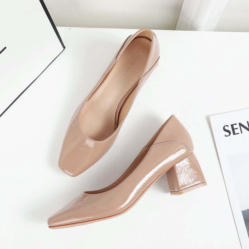 Fu number square high heel shoes women 2020 new autumn patent leather women's shoes thick with women's shoes shallow mouth women's shoes