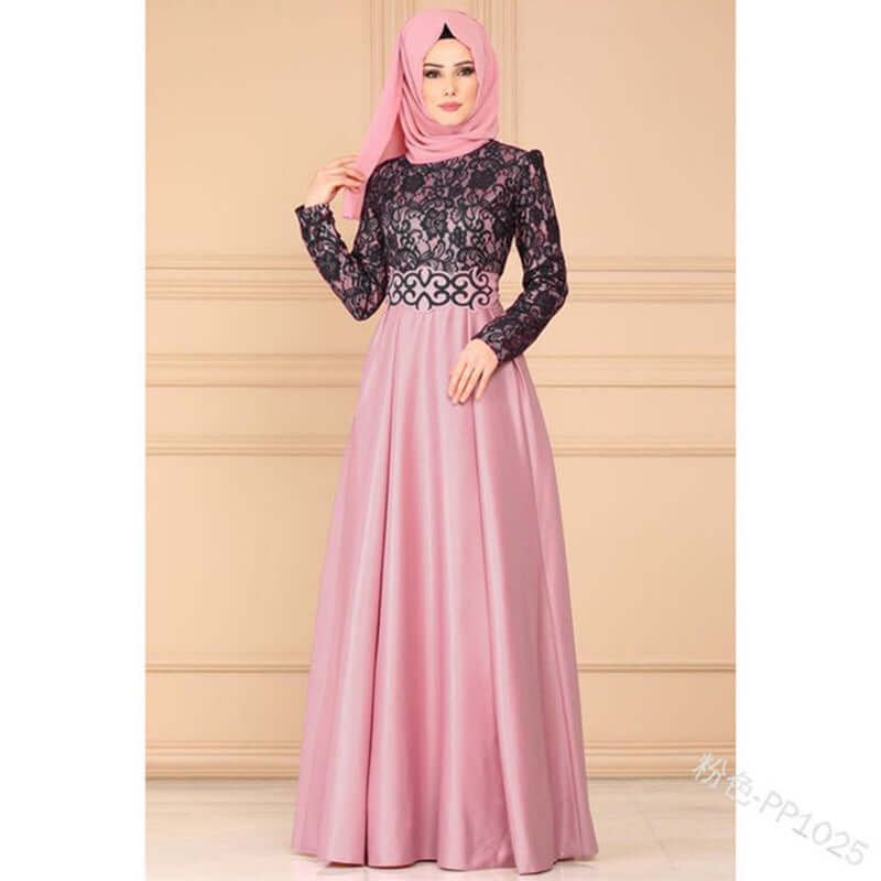 Muslim Ethnic Style Long-Sleeved Slim Dress-Lace Front