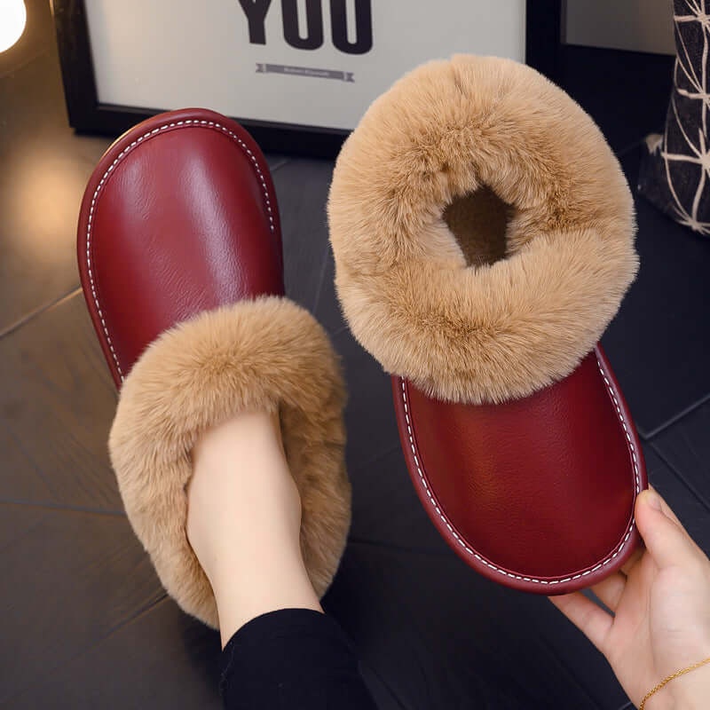 All-round with winter leather leather cotton slippers elderly home indoor beef tendon bottom non-slip plus velvet warm cotton shoes