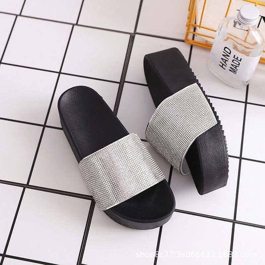 Korean version women slides sandals slippers women's pine high-bottomed flat-heeled rhinestone non-slip large size sandals