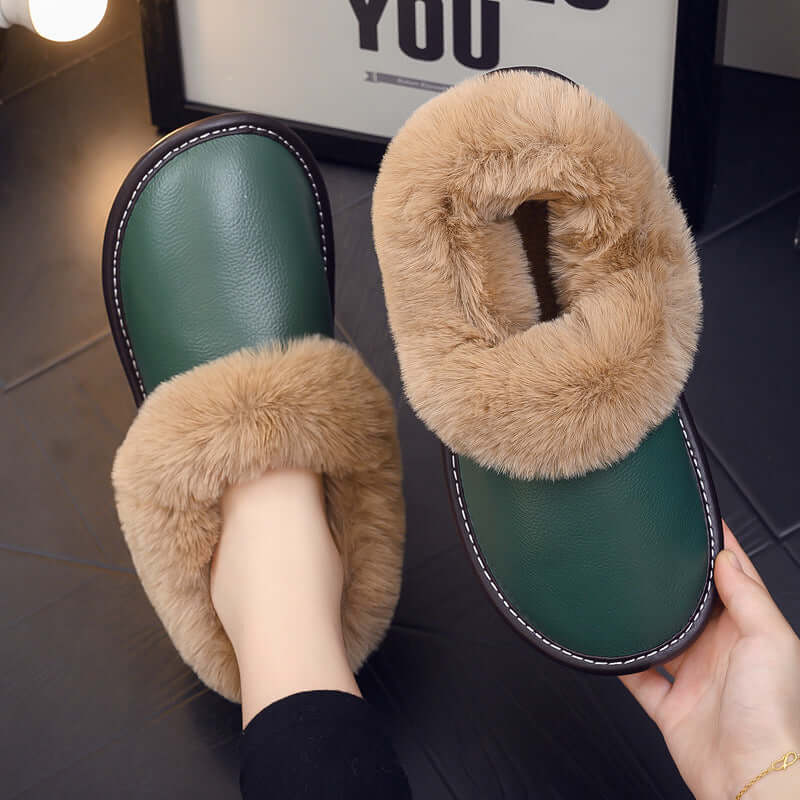 All-round with winter leather leather cotton slippers elderly home indoor beef tendon bottom non-slip plus velvet warm cotton shoes