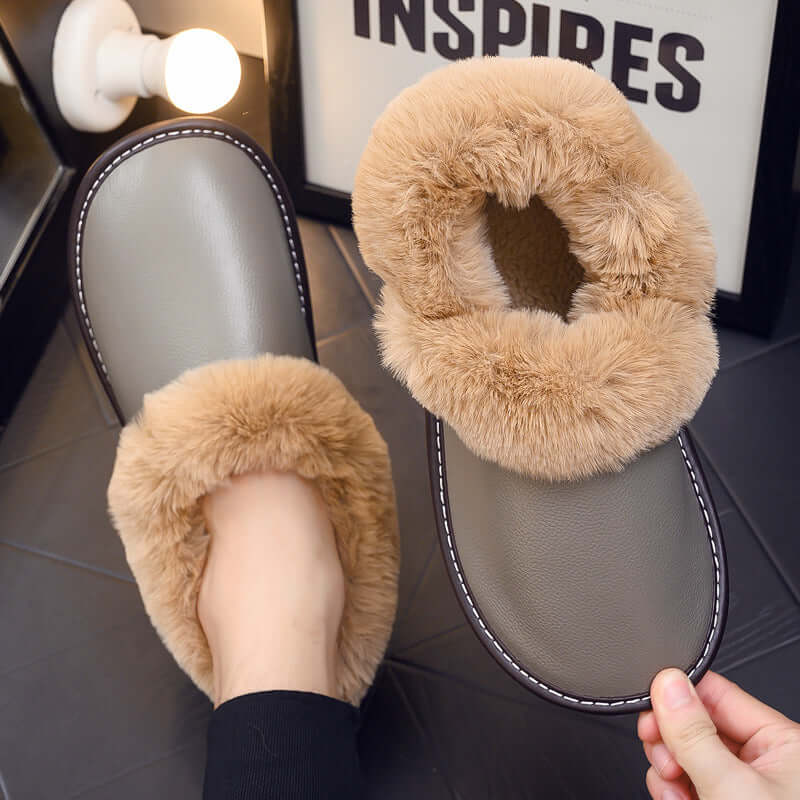 All-round with winter leather leather cotton slippers elderly home indoor beef tendon bottom non-slip plus velvet warm cotton shoes