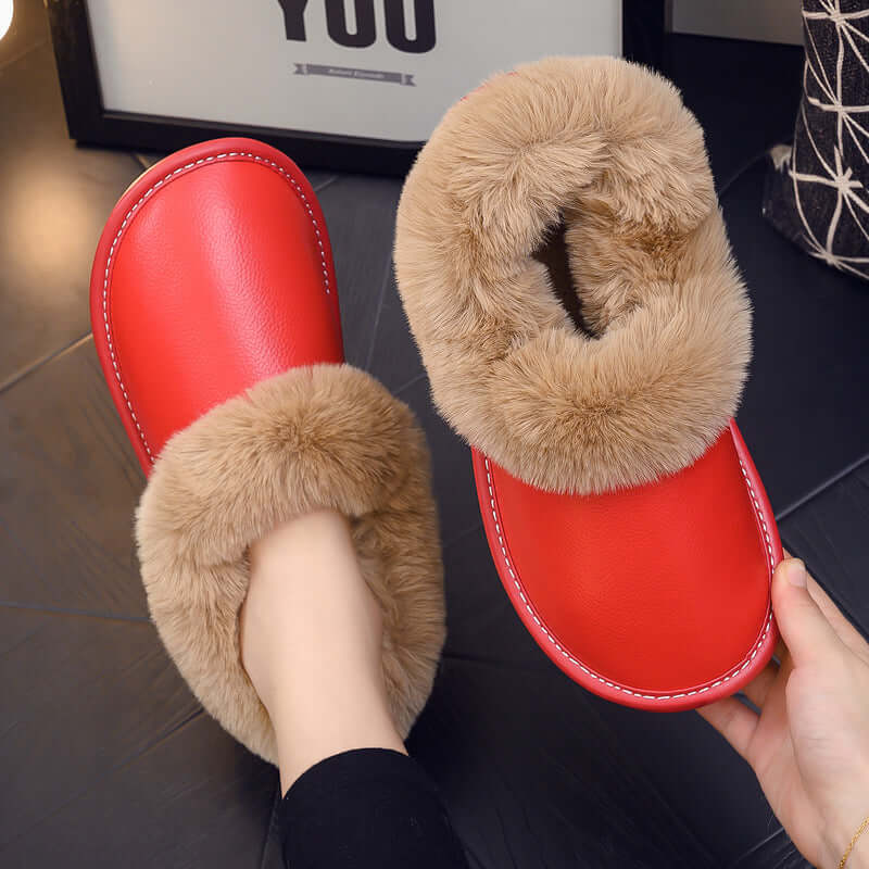 All-round with winter leather leather cotton slippers elderly home indoor beef tendon bottom non-slip plus velvet warm cotton shoes