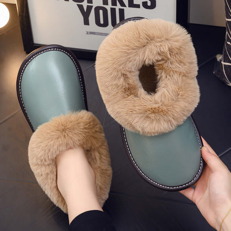 All-round with winter leather leather cotton slippers elderly home indoor beef tendon bottom non-slip plus velvet warm cotton shoes