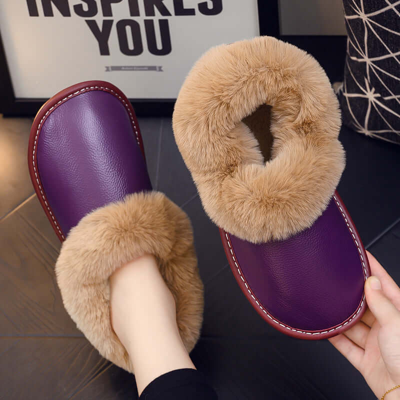 All-round with winter leather leather cotton slippers elderly home indoor beef tendon bottom non-slip plus velvet warm cotton shoes