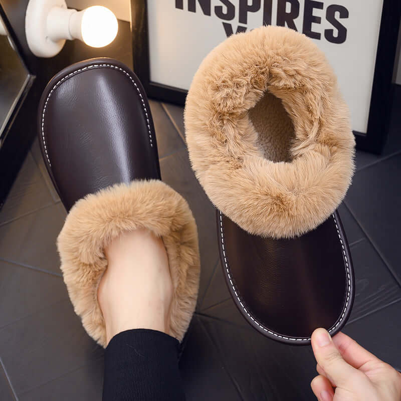 All-round with winter leather leather cotton slippers elderly home indoor beef tendon bottom non-slip plus velvet warm cotton shoes