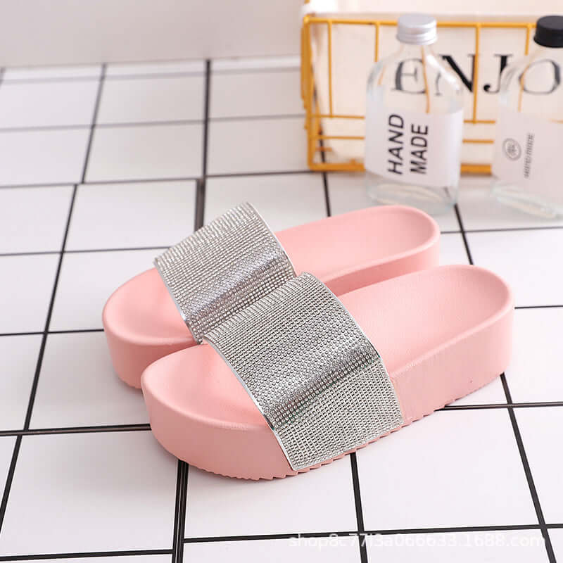 Korean version women slides sandals slippers women's pine high-bottomed flat-heeled rhinestone non-slip large size sandals