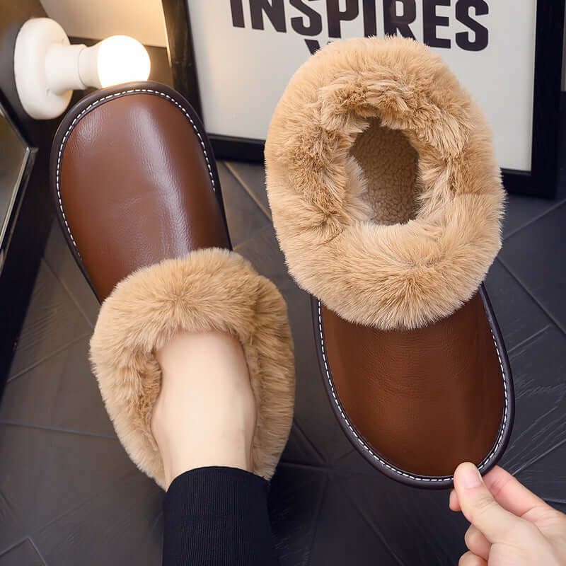 All-round with winter leather leather cotton slippers elderly home indoor beef tendon bottom non-slip plus velvet warm cotton shoes