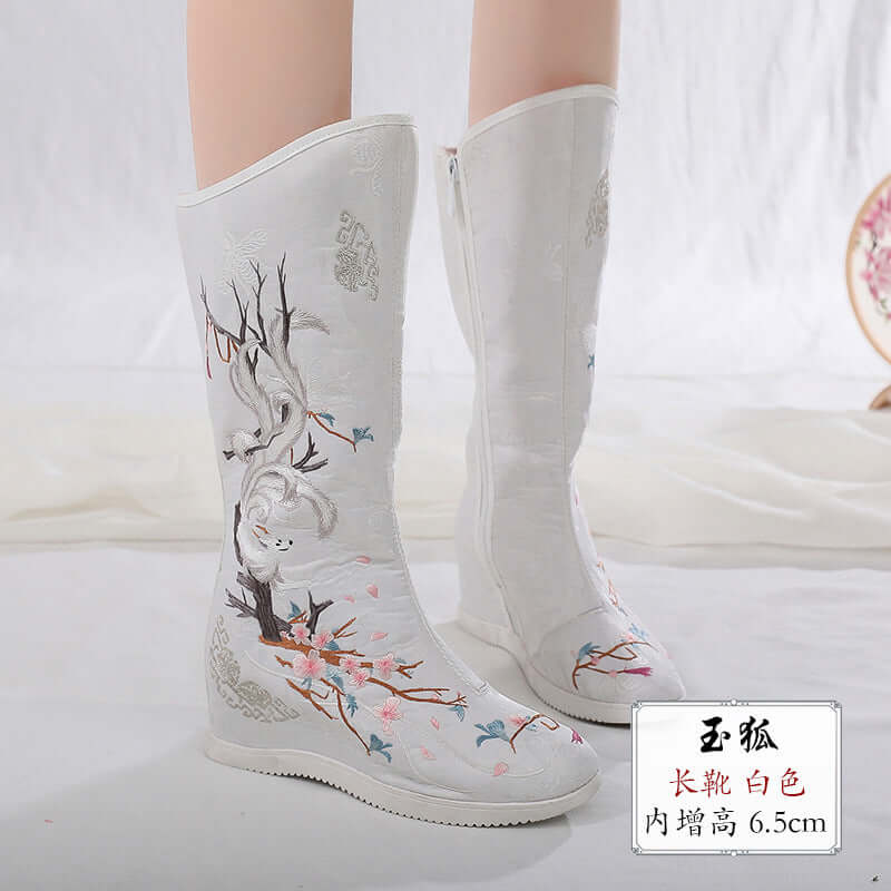 Winter jade fox Hanfu shoes women's long boots high boots female Chinese clothes boots plus velvet heavy work embroidered shoes costume increase high cotton boots