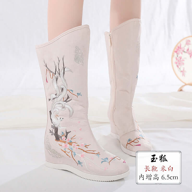 Winter jade fox Hanfu shoes women's long boots high boots female Chinese clothes boots plus velvet heavy work embroidered shoes costume increase high cotton boots