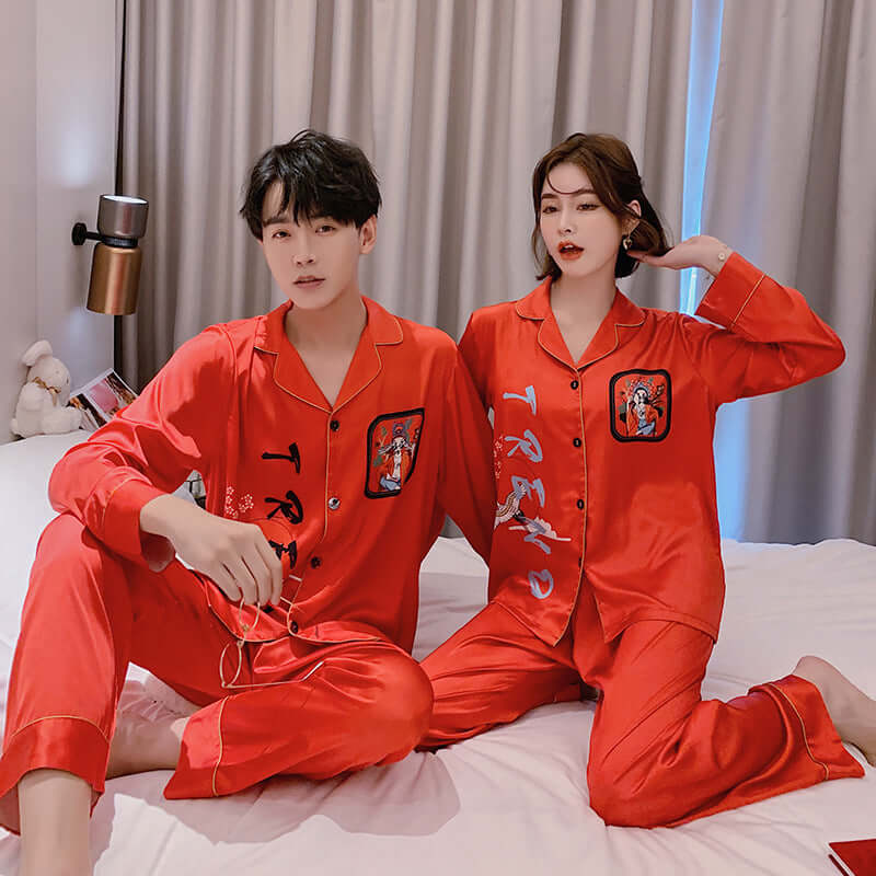 New Chinese style elements couple pajamas jitter simulation silk lapel INS trend pajamas 2 set custom wholesale