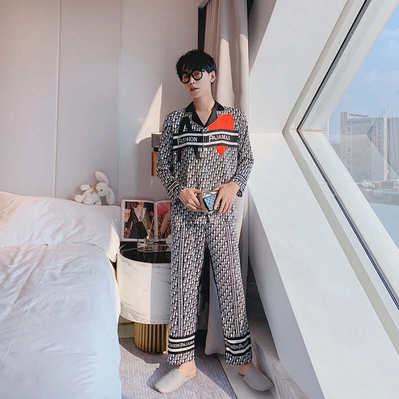 D family high-end pajamas Korean version of the creative INS fashion print pajamo simulation silk lapel pajamas set wholesale