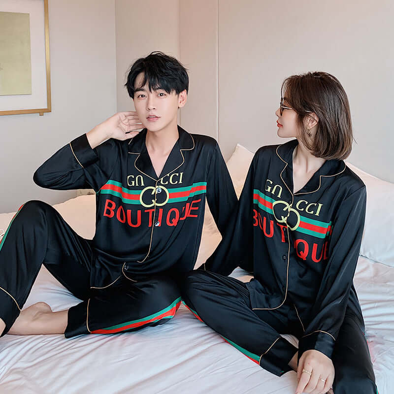 New GUC family couple pajamas simulation silk retro long-sleeved pajamas INS Korean pajamas set high custom wholesale