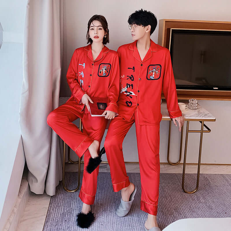 New Chinese style elements couple pajamas jitter simulation silk lapel INS trend pajamas 2 set custom wholesale