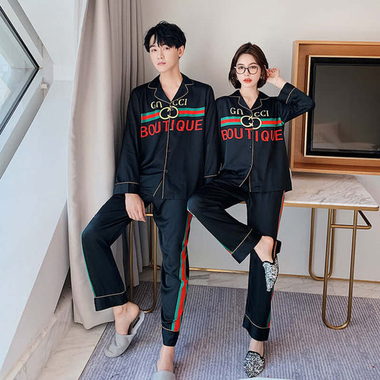 New GUC family couple pajamas simulation silk retro long-sleeved pajamas INS Korean pajamas set high custom wholesale