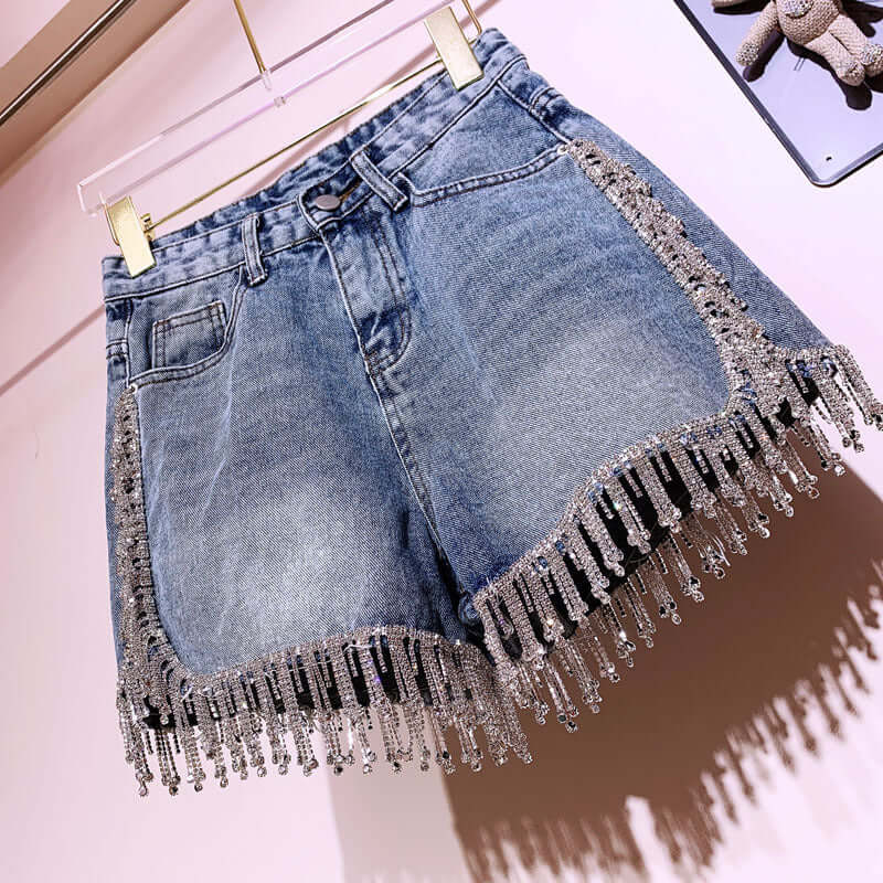 Rhinestone tassel high waist denim shorts super flash high-end diamond-studded heavy industry all-match thin European and American hot pants net red hot style