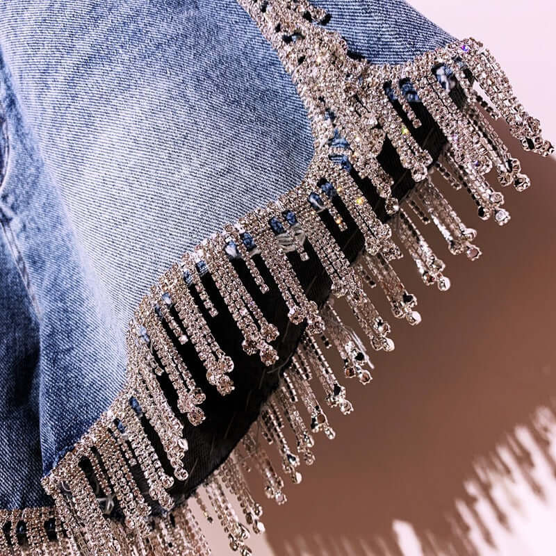 Rhinestone tassel high waist denim shorts super flash high-end diamond-studded heavy industry all-match thin European and American hot pants net red hot style