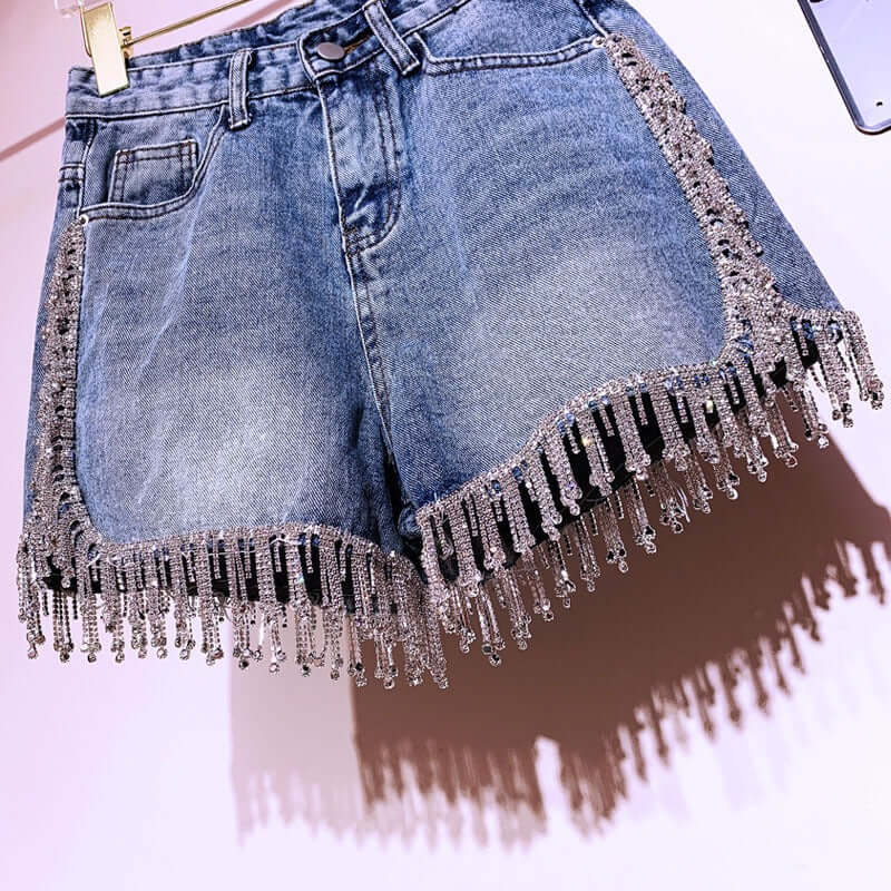 Rhinestone tassel high waist denim shorts super flash high-end diamond-studded heavy industry all-match thin European and American hot pants net red hot style