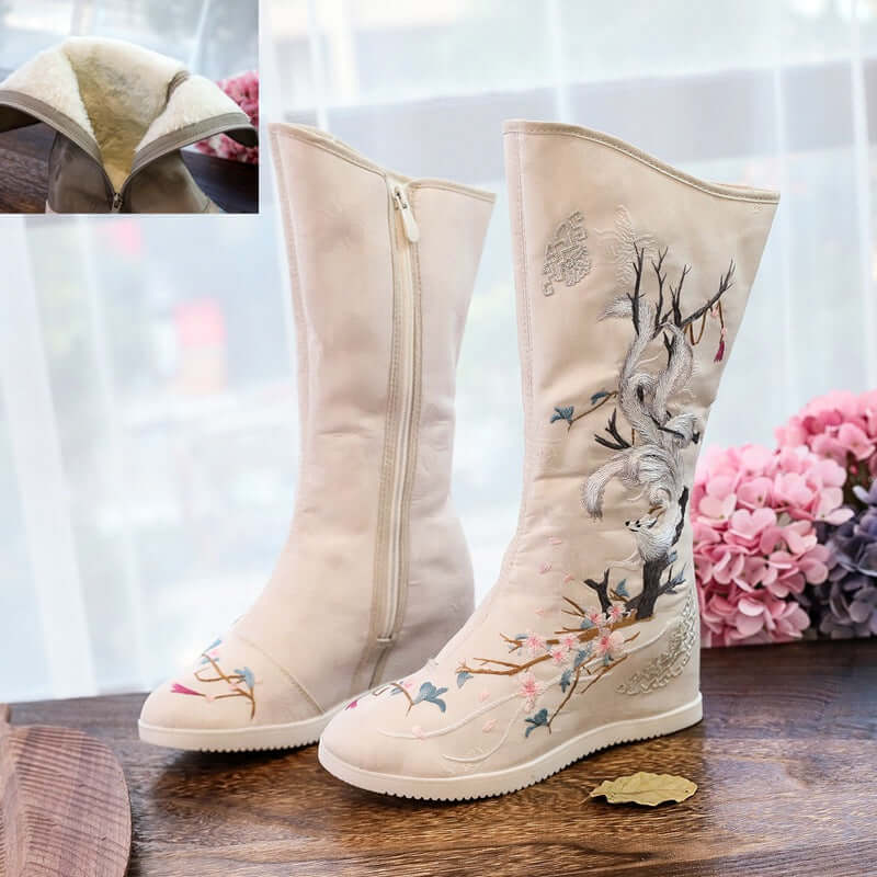 Winter jade fox Hanfu shoes women's long boots high boots female Chinese clothes boots plus velvet heavy work embroidered shoes costume increase high cotton boots