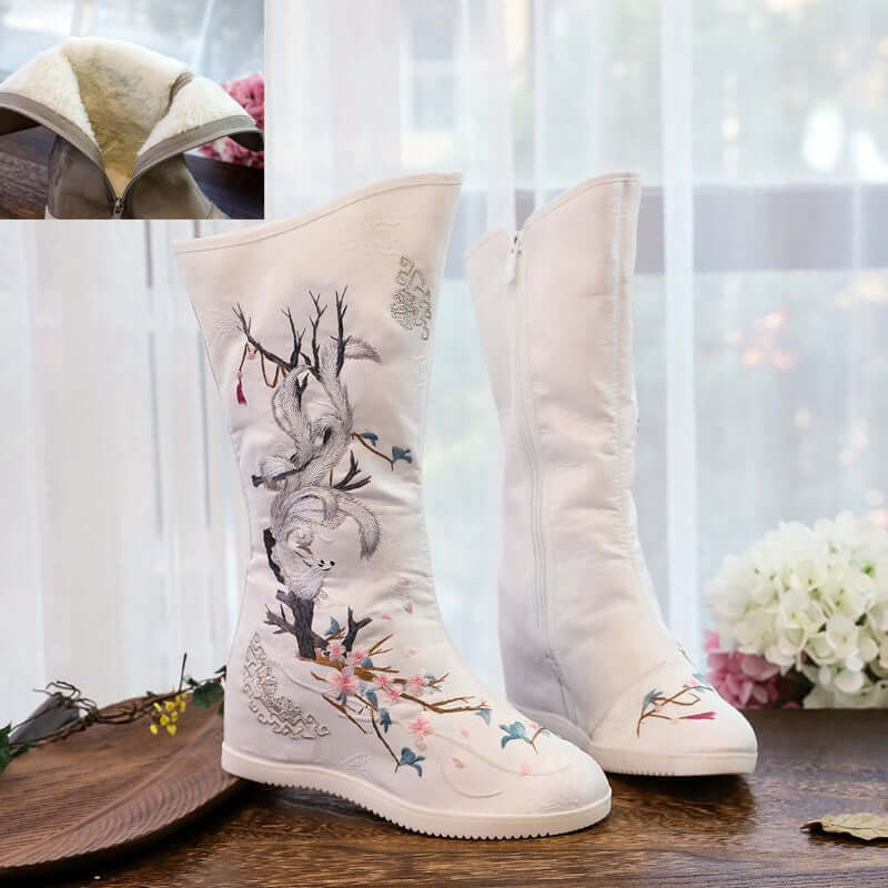 Winter jade fox Hanfu shoes women's long boots high boots female Chinese clothes boots plus velvet heavy work embroidered shoes costume increase high cotton boots