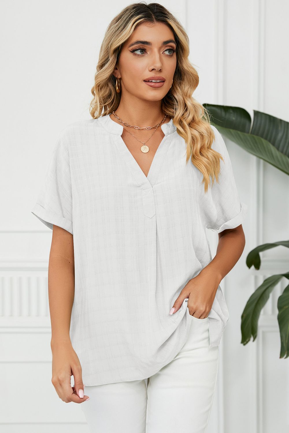 Side Slit Notched Neck Cuffed Short Sleeve Blouse