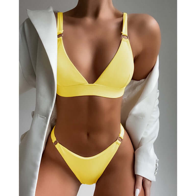 2023 New Sexy Ribbed Ring Bikinis Swimsuit Women Push Up Swimwear Solid Bikini Set Summer Beach Brazil Biquini Swim Bathing Suit