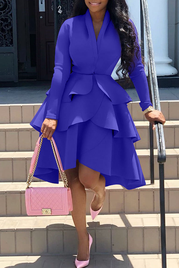 Elegant Solid Color Long Sleeved Ruffled Plus Size Midi Dress