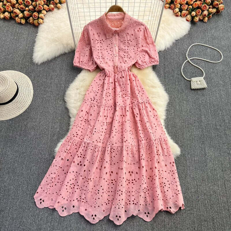 Fashion Hollow Polka Dot Dress Women's 2023 Summer Lace Polo Collar Short-sleeved Dresses Women's Waist Slim Midi Dress