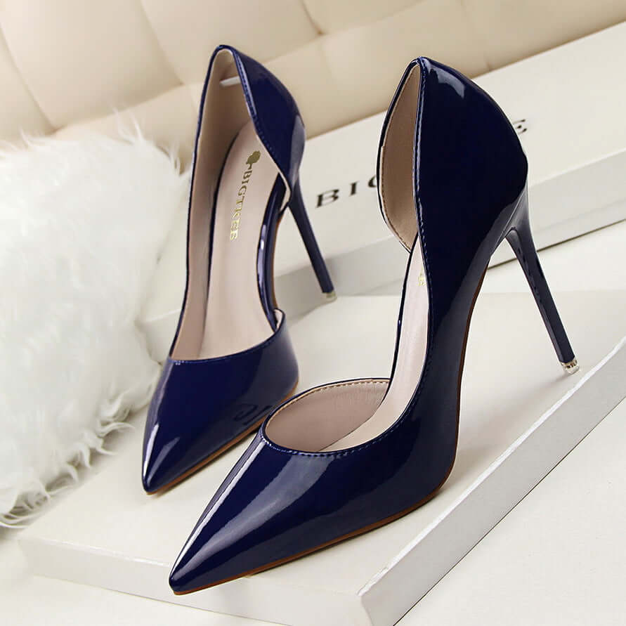 638-5 Korean version of the fashion simple and stiletto high-heeled patent leather shallow mouth sharp hollow sexy thin high heel shoes single shoes