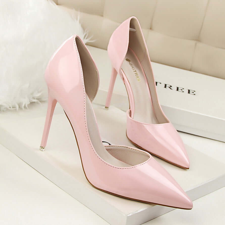 638-5 Korean version of the fashion simple and stiletto high-heeled patent leather shallow mouth sharp hollow sexy thin high heel shoes single shoes