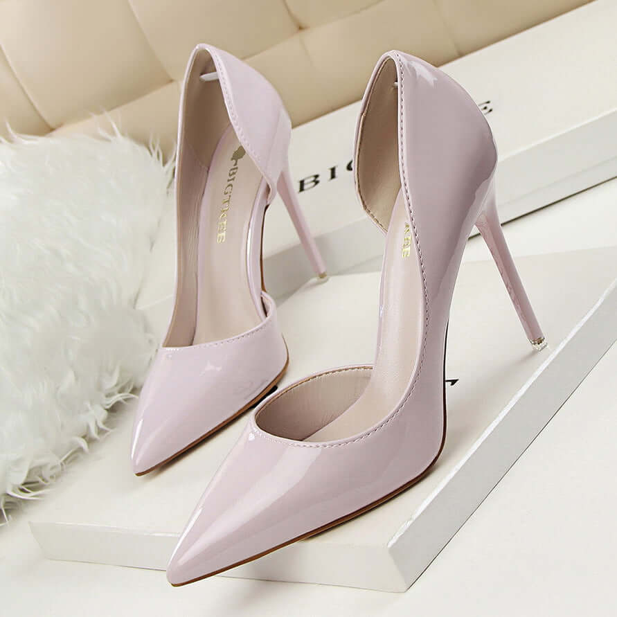 638-5 Korean version of the fashion simple and stiletto high-heeled patent leather shallow mouth sharp hollow sexy thin high heel shoes single shoes