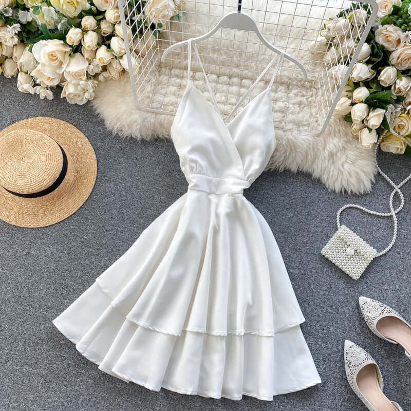 FMFSSOM Summer Spring Beach Holiday V-Neck Backless Lace Up Ruffles Cakes Solid Elegant Women Lady A-line High Waist Dress