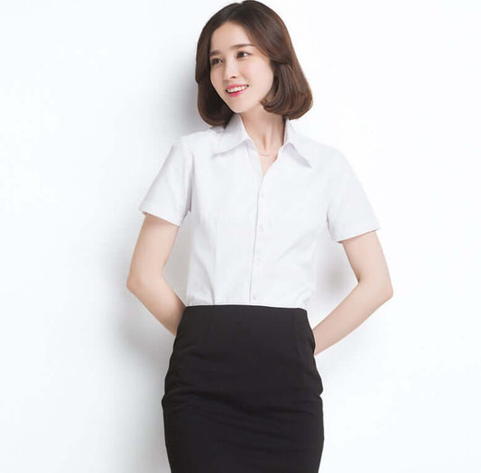 Fine twill short sleeve summer occupation slim woman shirt V collar ol temperament women's white blue student dress