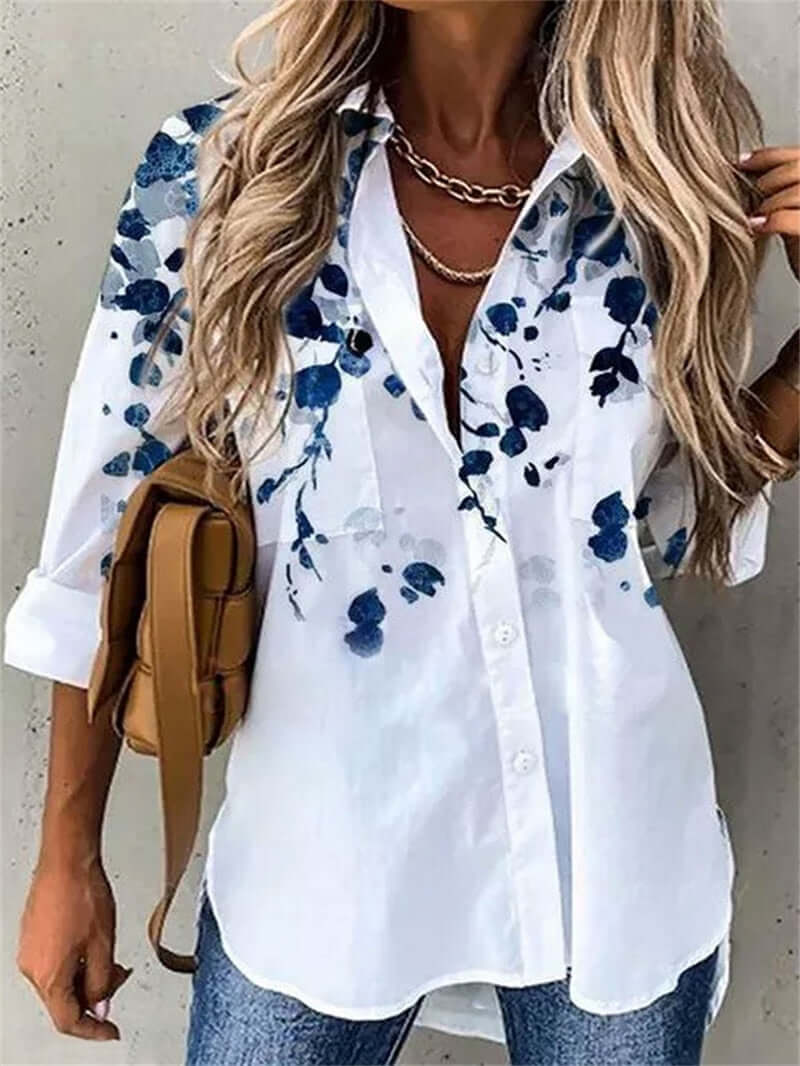 Women's Casual Button-Up Shirt - Floral Print + Creative Graphics