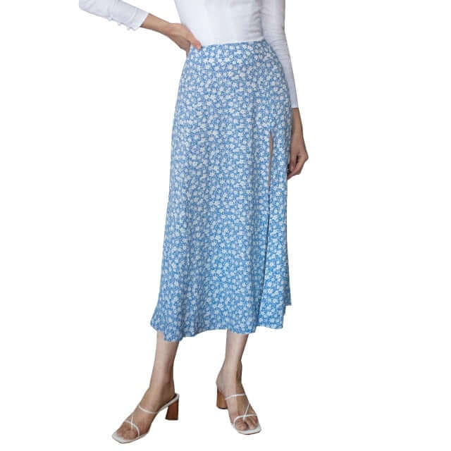 Fashion vintage skirt 2021 flower polka dot print high waist stretch split long A-line skirts for women beach maxi skirt